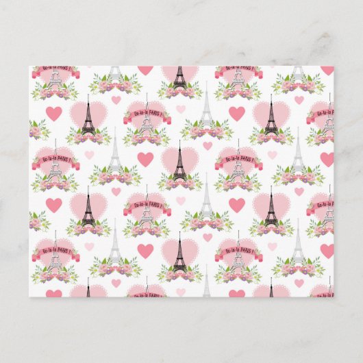 Eiffel Tower Flowers Pink Hearts Paris Frankrijk Briefkaart (Voorkant)