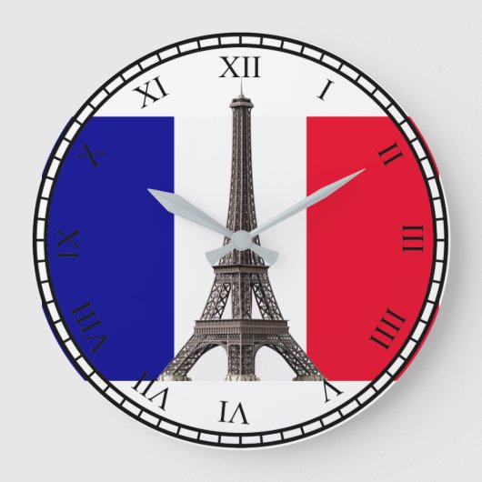 Eiffel Tower French Flag Bk Roman Numbers Rd Clock Grote Klok (Voorkant)