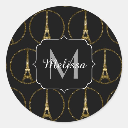 Eiffel Tower Gold glitter sparren Black Monogram Ronde Sticker (Voorkant)