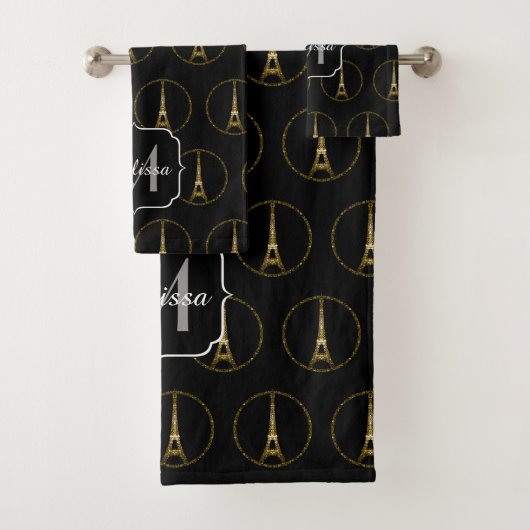 Eiffel Tower Gold glitter sparren zwart Monogram Bad Handdoek (Insitu)