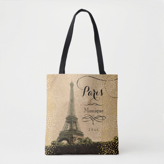 Eiffel Tower Paris beige Faux Gold Monogram Naam Draagtas (Voorkant)
