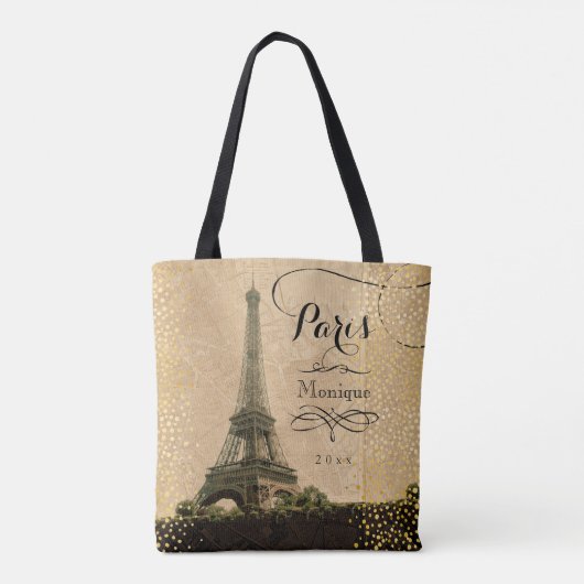 Eiffel Tower Paris beige Faux Gold Monogram Naam Draagtas (Achterkant)