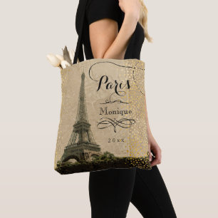 Eiffel Tower Paris beige Faux Gold Monogram Naam Draagtas