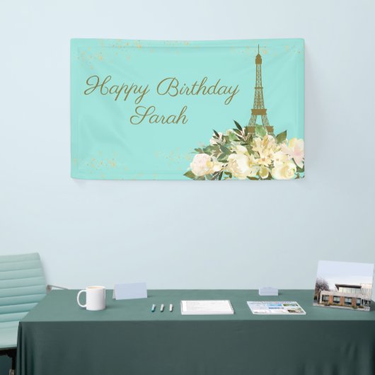 Eiffel Tower Paris Birthday Aqua Mint Gold Spandoek (Beurs)