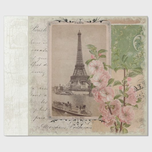 Eiffel Tower Paris  Ephemera Script Floral Cadeaupapier (Vlak)