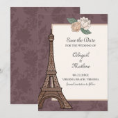 Eiffel Tower Paris Floral Damask Muted Paars Save The Date (Voorkant / Achterkant)