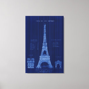 Eiffel Tower Paris FRANCE Construction Blueprint Canvas Afdruk