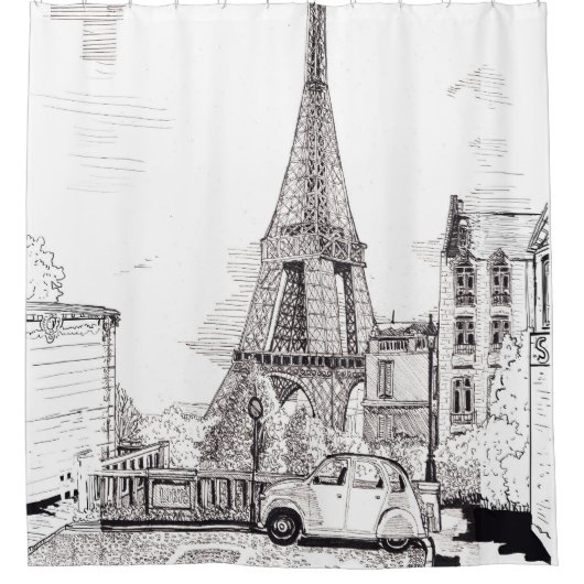Eiffel Tower Paris France Pen Illustratie inkt Douchegordijn (Voorkant)