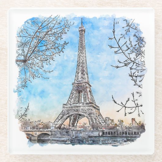 Eiffel Tower Paris Frankrijk Hand Drawn Waterverf Glazen Onderzetter (Voorkant)