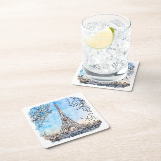 Eiffel Tower Paris Frankrijk Hand Drawn Waterverf Vierkante Kartonnen Onderzetter (Insitu)