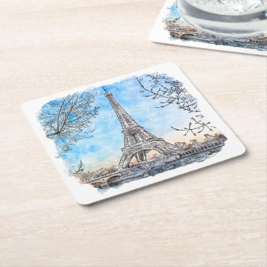 Eiffel Tower Paris Frankrijk Hand Drawn Waterverf Vierkante Kartonnen Onderzetter (Schuin)