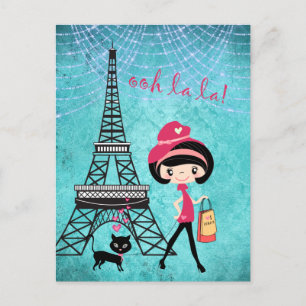 Eiffel Tower Paris Girl en Cat Blue Damask Briefkaart