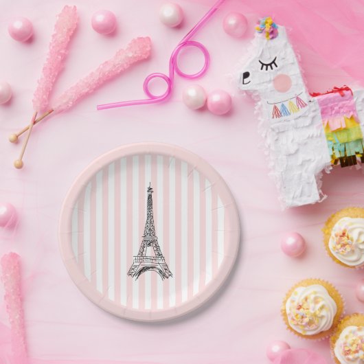 Eiffel Tower Paris Illustration Pink Stripe Papieren Bordje (Feest)