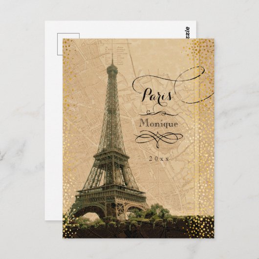 Eiffel Tower Paris  Map Gold Stippen Monogram Briefkaart (Voorkant / Achterkant)