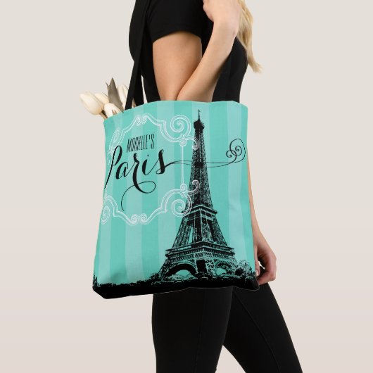Eiffel Tower Paris Monogram Seafoam Green Stripes Draagtas (Dichtbij)