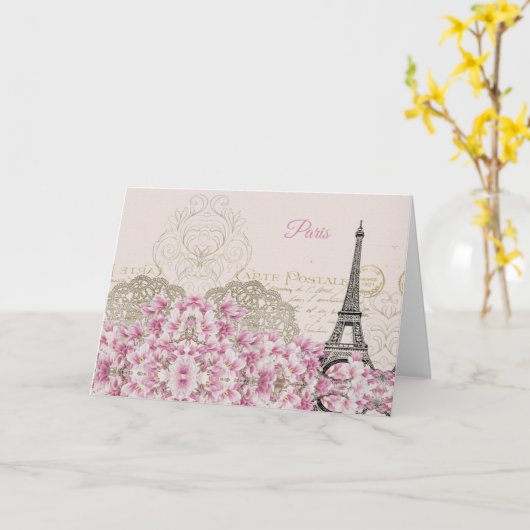 Eiffel Tower, Paris Pink Magnolia Kaart (Gele Bloem)