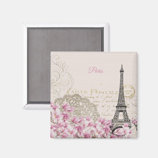 Eiffel Tower, Paris Pink Magnolia Magneet (Voorkant / Achterkant)