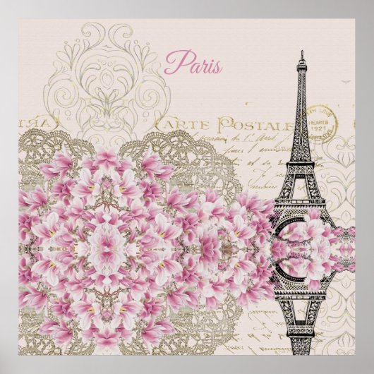 Eiffel Tower, Paris Pink Magnolia Poster (Voorkant)