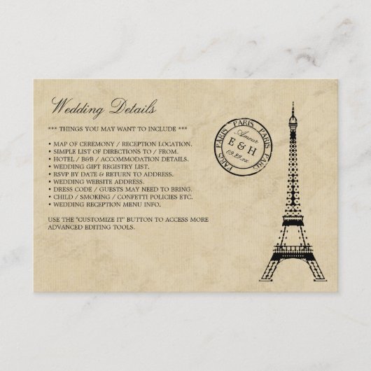  Eiffel Tower Paris Postmark Weddenschap Informatiekaartje (Voorkant)