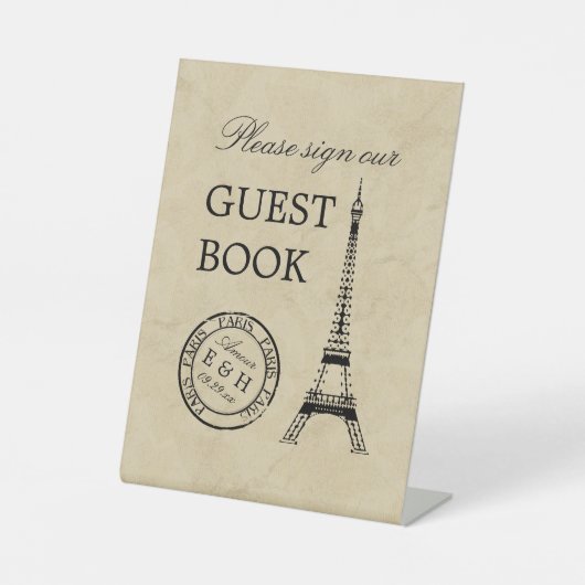 Eiffel Tower Paris Postmark Weddenschap Reclamebord Met Voetstuk (Voorkant)