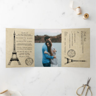  Eiffel Tower Paris Postmark Wedding Suite Drieluik Uitnodiging