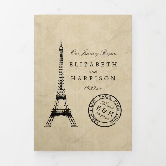 Eiffel Tower Paris Postmark Wedding Suite Drieluik Uitnodiging (Cover)