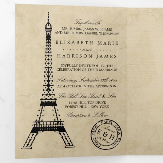 Eiffel Tower Paris Postmark Wedding Suite Drieluik Uitnodiging (Binnenzijde eerst)