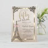 Eiffel Tower,Pink Bow Border 50th Birthday Party Kaart (Staand voorkant)
