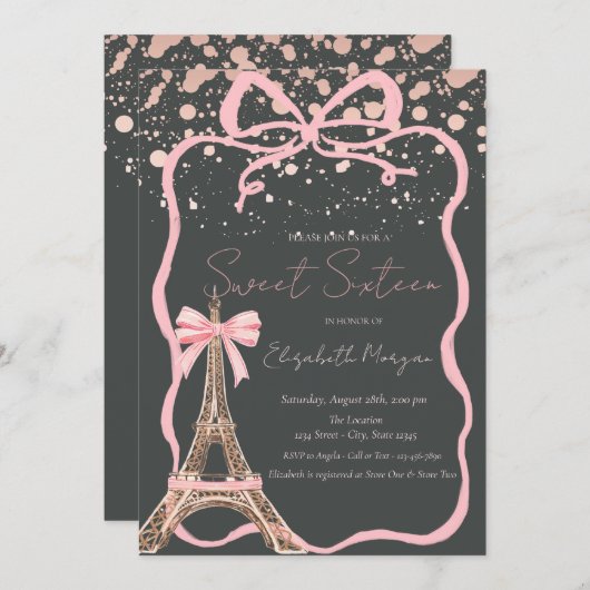 Eiffel Tower Pink Bow Dots Gray Sweet 16 Kaart (Voorkant / Achterkant)