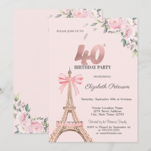 Eiffel Tower Pink Bow Flowers 40th Birthday Kaart (Voorkant / Achterkant)