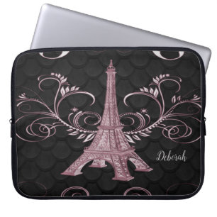Eiffel Tower Pink Floral Swirls laptophoes Laptop Sleeve