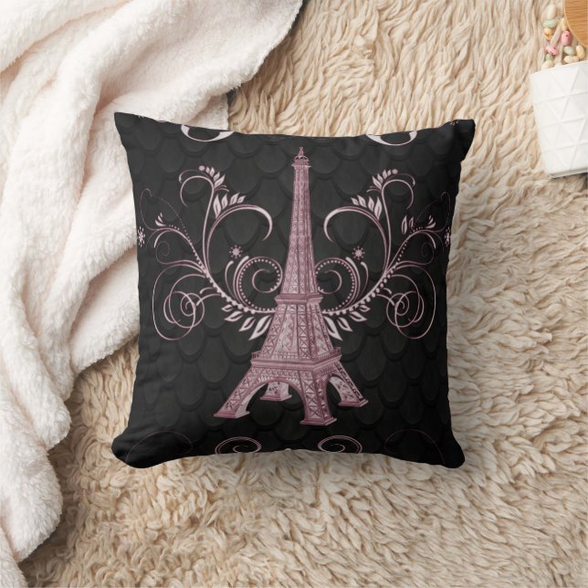 Eiffel Tower Pink Floral Swirls Pillow Kussen (Deken)