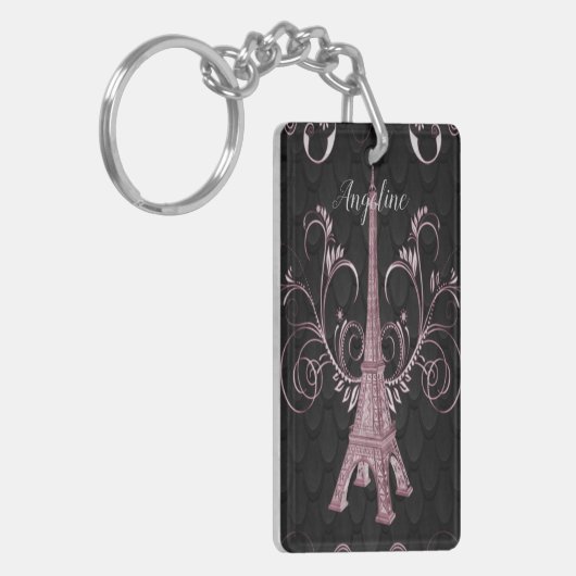 Eiffel Tower Pink Floral Swirls Sleutelhanger (Voorkant Links)