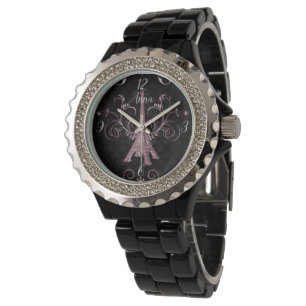 Eiffel Tower Pink Floral Swirls Watch Horloge