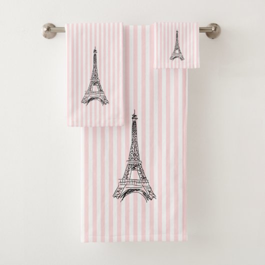 Eiffel Tower Pink Stripe Bath Towel Set Bad Handdoek (Insitu)