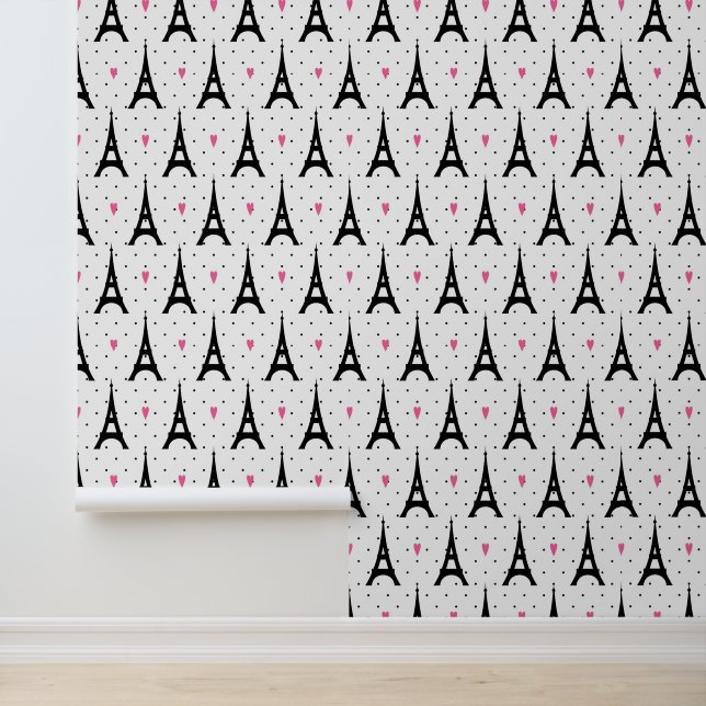 Eiffel Tower Polka Dots & Hearts Pattern Behang (Applicatie)