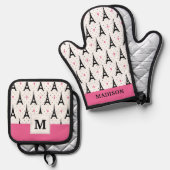 Eiffel Tower Polka Dots & Hearts Pattern Ovenwant & Pannenlap Set (Voorkant / Achterkant)