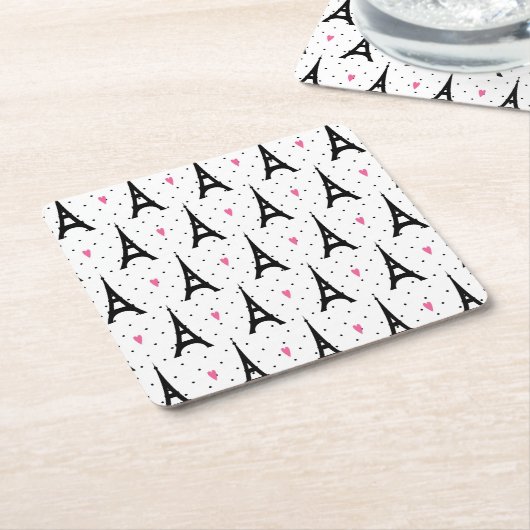 Eiffel Tower Polka Dots & Hearts Pattern Vierkante Kartonnen Onderzetter (Schuin)