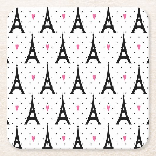 Eiffel Tower Polka Dots & Hearts Pattern Vierkante Kartonnen Onderzetter (Voorkant)