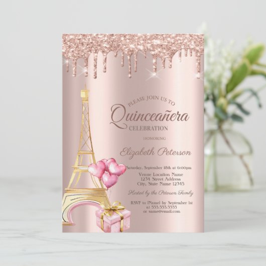 Eiffel Tower Present Balloons Rose Gold Drips Kaart (Staand voorkant)