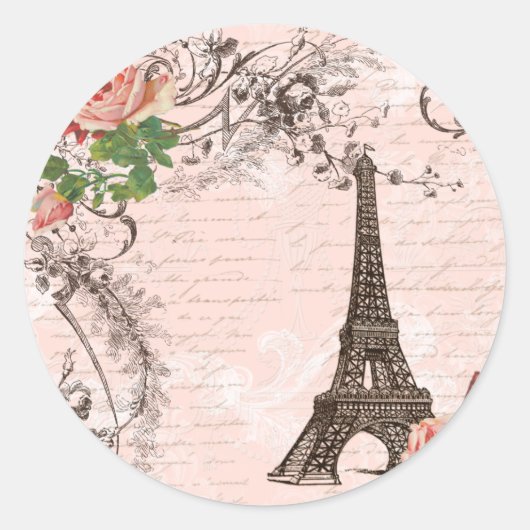 Eiffel Tower Red & Roze Rose Ronde Sticker (Voorkant)