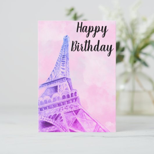 Eiffel Tower Roze Happy Birthday-postkaart Bedankkaart (Staand voorkant)