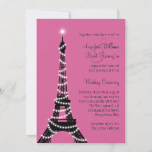 Eiffel Tower Sparkles Wedding Invitation (fuchsia) Kaart