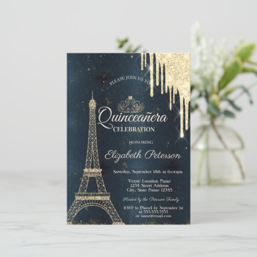 Eiffel Tower, Tiara, Drift Dark Blue Quinceañera Kaart (Staand voorkant)