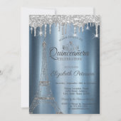 Eiffel Tower, Tiara, Drips Blue Metallic Quinceañe Kaart (Voorkant)