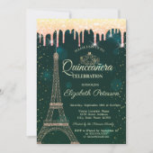Eiffel Tower, Tiara, Drips Green Quinceañera Kaart (Voorkant)