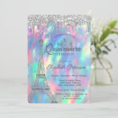 Eiffel Tower, Tiara, Drips Holographic Quinceañera Kaart (Staand voorkant)