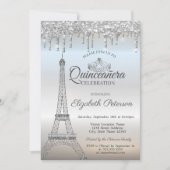 Eiffel Tower, Tiara, Drips Silver Quinceañera Kaart (Voorkant)