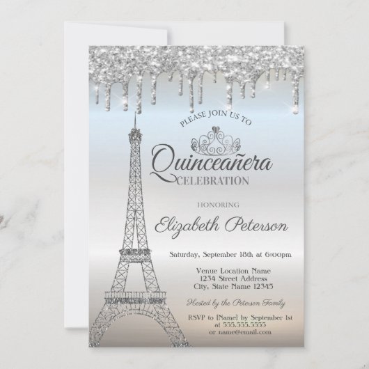 Eiffel Tower, Tiara, Drips Silver Quinceañera Kaart (Voorkant)