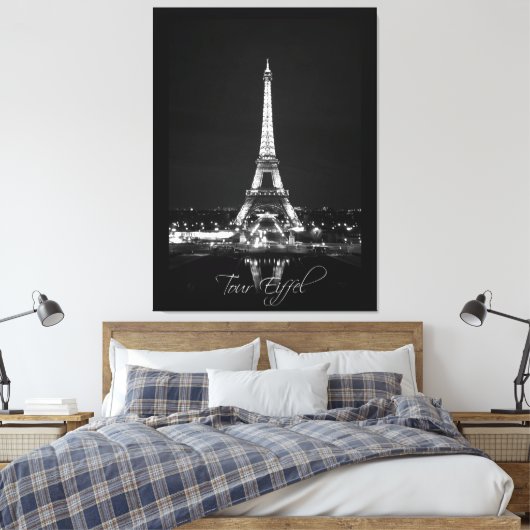Eiffeltoren bij nacht B&W op verwaterd canvas (Insitu (Slaapkamer))